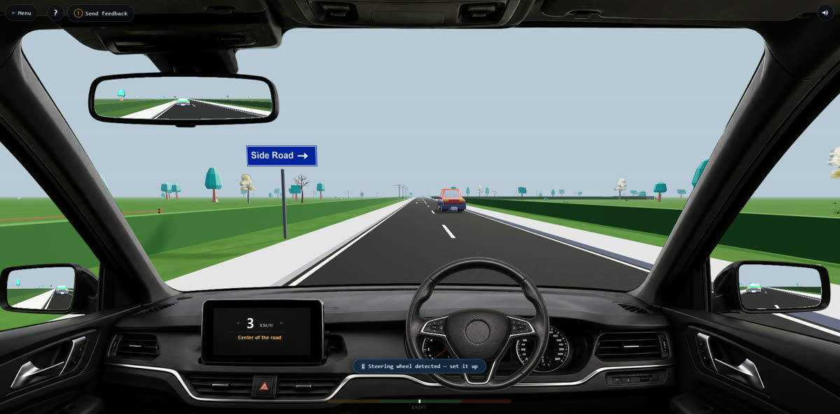 In-car driving view approaching a side road
