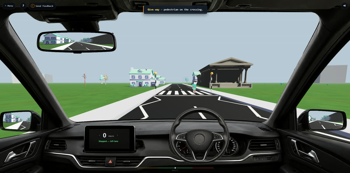 In-car view with live coaching: give way, pedestrian on the crossing