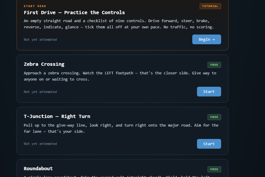 LeftLane scenario menu with free scenarios ready to start